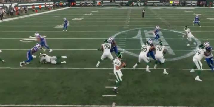 Why the New York Jets offensive lineman did not block the Buffalo Bills defender who sacked and hurt Aaron Rodgers.