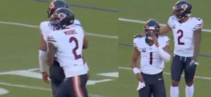 During the humiliating Chiefs loss, Justin Fields was dragged off the field by a Bears teammate.