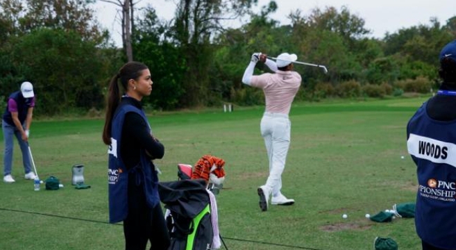 Tiger Woods’ daughter Samantha caddying for him, Charlie at PNC