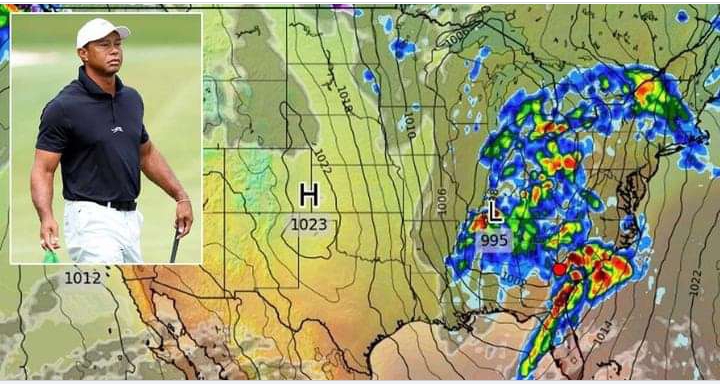 Weather map shows 750-mile stormfront set to batter Masters this afternoon in Tiger Woods blow